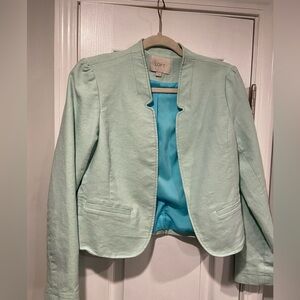 Loft Size S Aqua Blue Cotton Stretch Lined Open Front Cropped Blazer Pockets